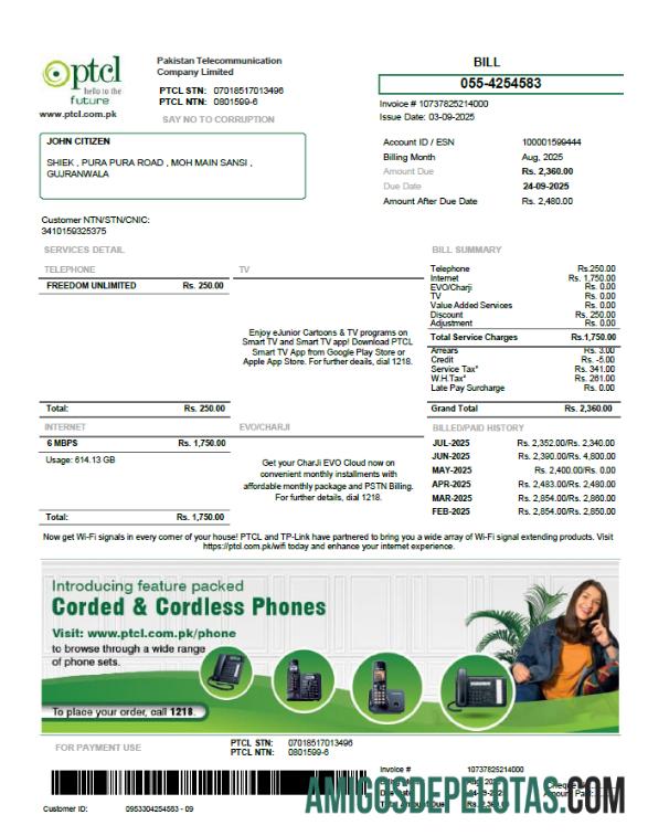 realista Modelo de conta de serviços públicos PTCL do Paquistão em formatos Word e PDF